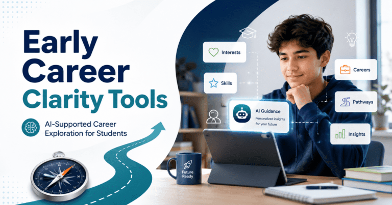 Student using AI-supported career clarity tools to explore interests, strengths, college majors, and future career paths
