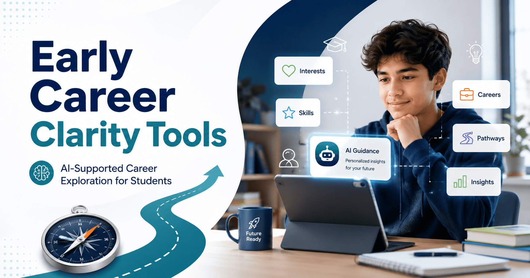 Student using AI-supported career clarity tools to explore interests, strengths, college majors, and future career paths